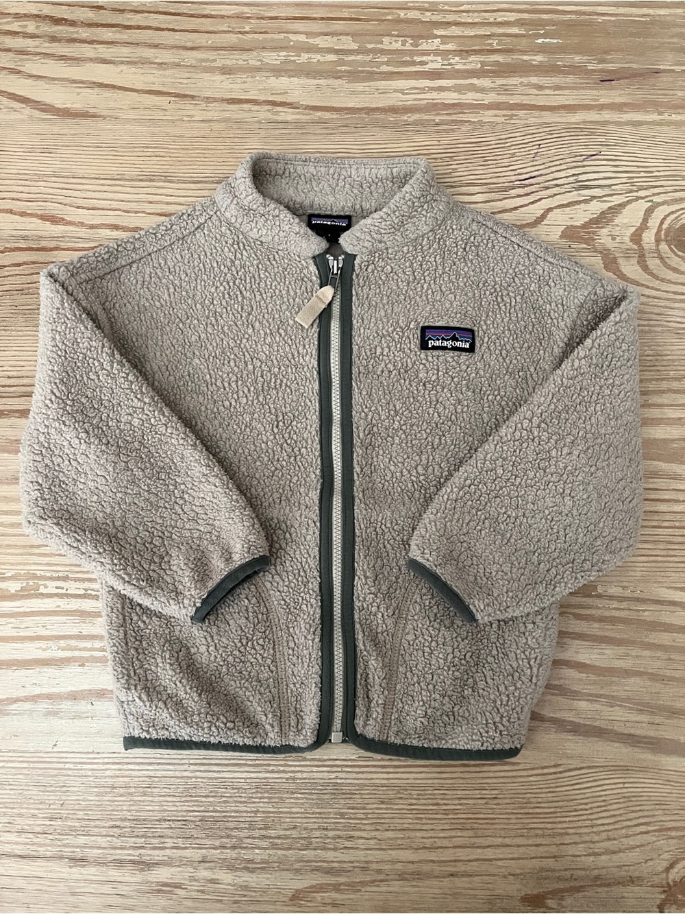 Patagonia Sherpa Fleece Jacket in Light Taupe with Forest Green Trim